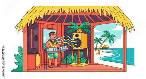 Aloha vibes: Islander serenades the beach with vibrant melodies from his hut