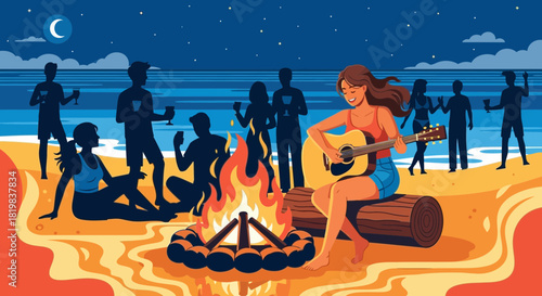 Evening beach gathering illustration with campfire and musical entertainment