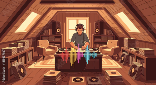 Attic DJ: Immersed in Music with Retro Equipment and Colorful Soundwaves