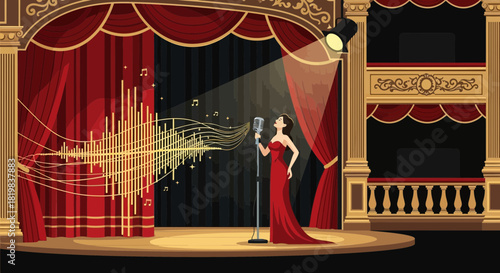 Glamorous singer performing live on a theater stage, with retro microphone