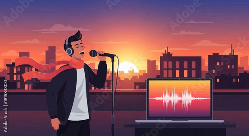 Urban Serenade: Animated singer performs against city sunset, showcasing technology