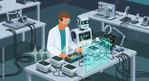 Scientist collaborating with robot assistant, performing experiments in laboratory