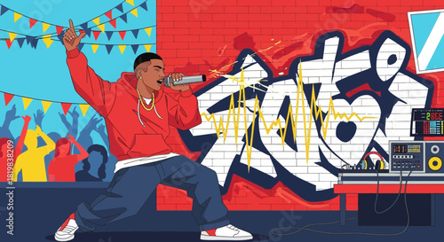 Energetic hip-hop performer delivering a powerful performance to an enthusiastic crowd