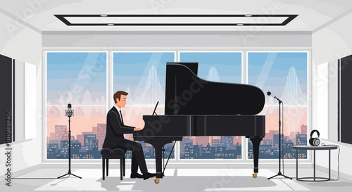 Grand Piano performance with microphone on stage with cityscape background