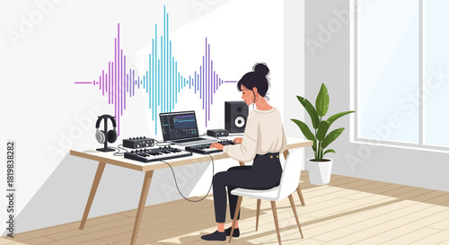 Creative female composer making music at home with synthesizer and laptop