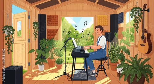 A young musician composing music on a keyboard in his lush garden studio
