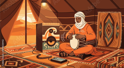 Bedouin musician blending traditional drumming with modern electronic soundscapes