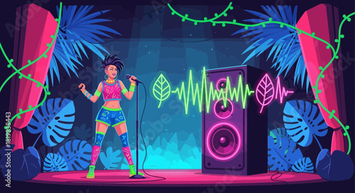 Energetic performer on stage, vibrant concert with tropical atmosphere and music