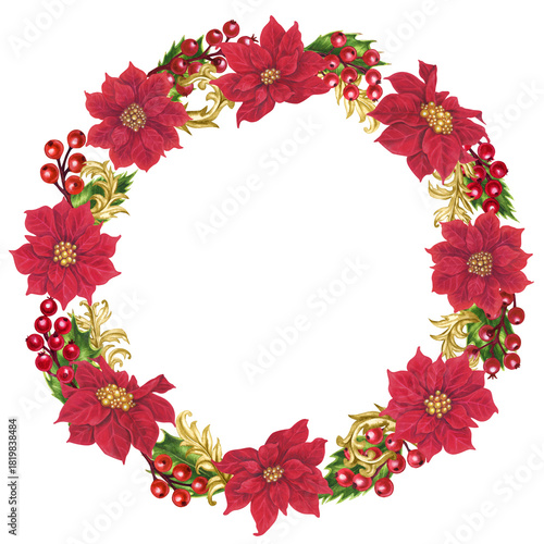 Vibrant Christmas wreath with red poinsettias, holly berries, fir branches, and gold vignettes. Elegant watercolor frame template for cards, invitation, seasonal decor, branding, label, holiday craft