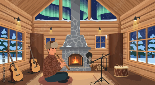 Musical Serenity: A musician in a cozy cabin amid a winter wonderland and auroras
