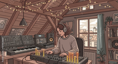 Creative audio sanctuary: A sound designer crafting sonic masterpieces in a cozy attic studio