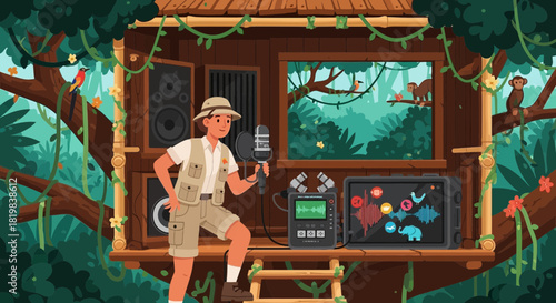 Jungle soundscape recording session in treehouse audio podcast studio setup