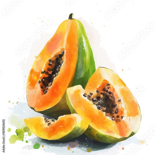 Illustration of papaya painting design set, Hand-painted style, vectorized, vector set available in EPS, Simple Hand-painted watercolor style fruits
