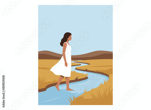 A lone woman explores nature, walking peacefully through a valley, searching for and discovering new paths, depicted in a colored flat vector illustration