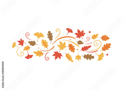 Leaves drift through the air, swirling in a dynamic, scattered pattern of autumn foliage, forming a dry tree leaf motif that moves like seasonal décor, depicted as a flat vector illustration against