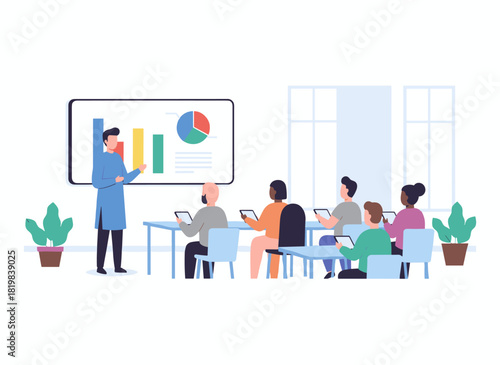 Students seated at desks watch a lecturer on a large laptop screen, illustrating a webinar, webcast, web conference, online course, or internet education in a modern flat vector style