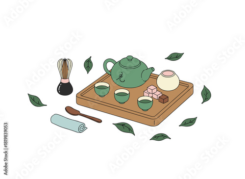Colorful hand‑drawn illustration of a tea ceremony featuring various traditional elements