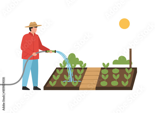 A farmer waters a vegetable garden, using a hose to irrigate organic crops for a summer harvest in an eco-friendly rural plantation, depicted in flat vector style