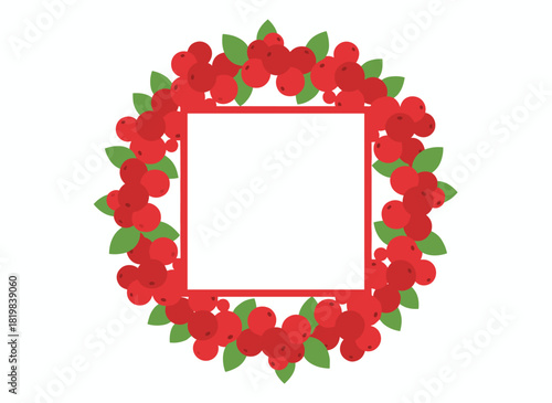 A square card template featuring a framed design of lingonberries, a spot for text, and a note showcasing beautiful ripe arctic berries and leaves, all presented in an elegant, colorful decorative
