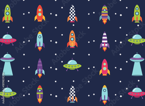 A continuous space-themed pattern featuring rockets and spacecraft amid an infinite sky, rendered as a colorful flat cartoon vector suitable for printing