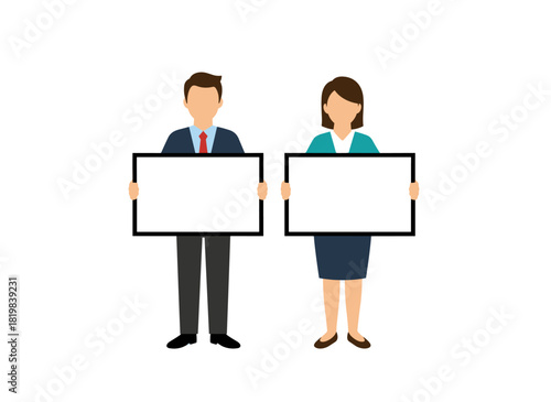 Male and female managers, clerks, or office workers hold pristine white boards or banners, while a smiling man and woman in smart attire display empty banners, depicted in a flat cartoon vector