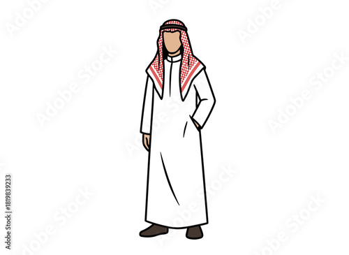 A modern Saudi businessman wearing a fashionable suit and shemagh, portrayed in a flat vector cartoon illustration with a trendy outfit and kufiya