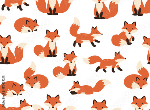 Adorable fox design featuring a continuous background of cheerful, wild red and orange animals in a repeating pattern, ideal as a limitless printable texture for textiles and a flat vector