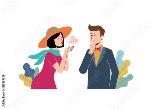 A man and a woman fall in love and flirt; a young girl gives her crush an air kiss; enamored valentines thrive in romantic relationships through communication; a flat graphic vector illustration