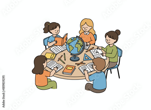 A flat vector illustration shows a diverse group of schoolchildren, both boys and girls, happily studying various subjects together against a white background