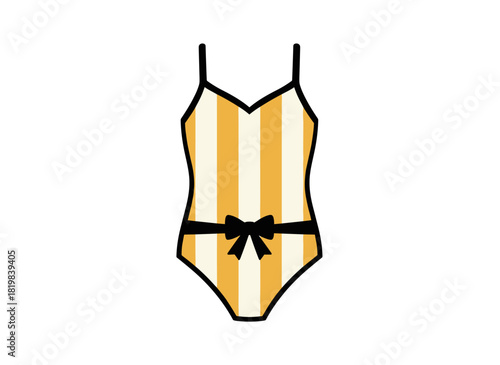 A female one-piece swimsuit featuring stylish yellow straps, striped swimwear, and a flat colorful vector illustration set against a white background