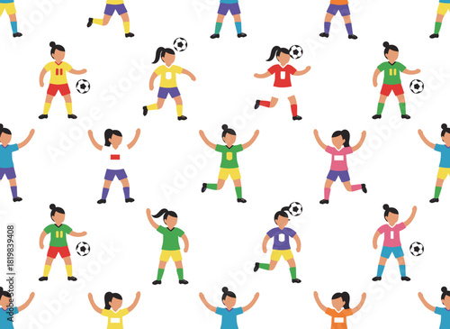 A seamless pattern featuring female football players on a white background, an endlessly repeatable backdrop of women in sports uniforms playing with a soccer ball, rendered as a colorful flat vector