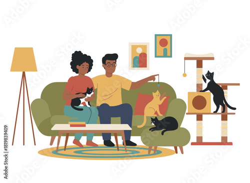 A happy couple enjoys coffee at a cat café, surrounded by playful pets, depicted in a vibrant flat cartoon illustration