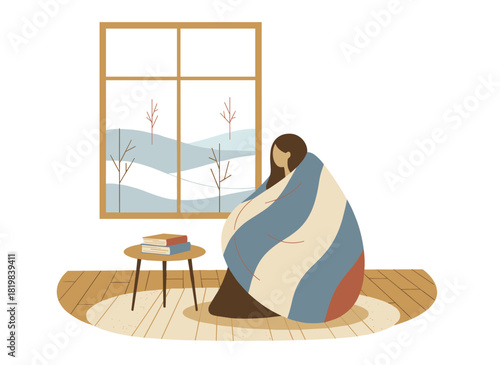A woman rests by a window overlooking a snowy landscape, enjoying the quiet solitude of a warm, cozy home in a flat vector illustration