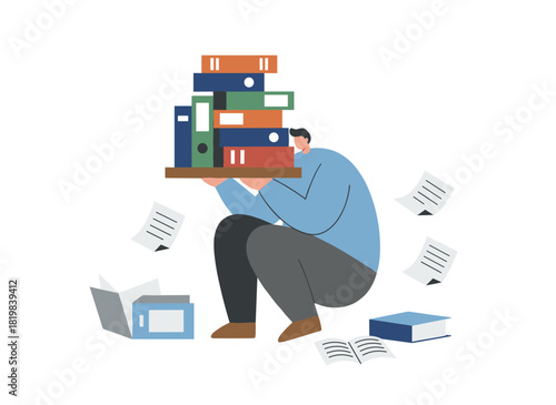 Illustration of an overworked employee overwhelmed by paperwork and bureaucracy, surrounded by numerous documents and folders, depicted as a flat vector on a white background
