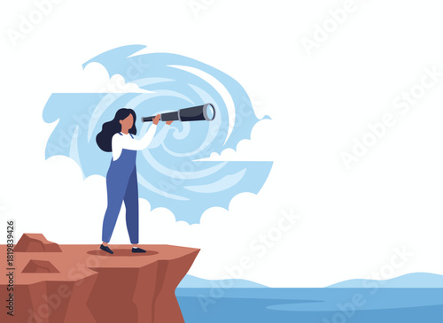 A woman gazes ahead at future challenges through a spyglass, representing strategy and vision, as she searches for new ideas and opportunities in a flat vector illustration on a white background