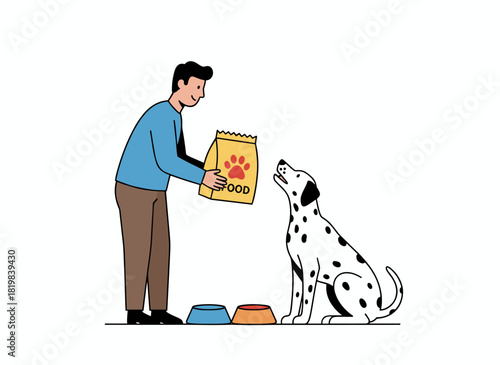 Young man is about to fill a bowl to feed a hungry cat, holding a pet food package while a kitten eagerly eats and rubs against his leg, depicted in a flat color vector illustration on a white