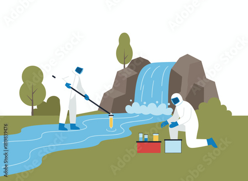 Ecologists collecting water samples, testing and analyzing aquatic quality, while biologists handle tubes and flasks in nature, depicted as a flat vector illustration on a white background