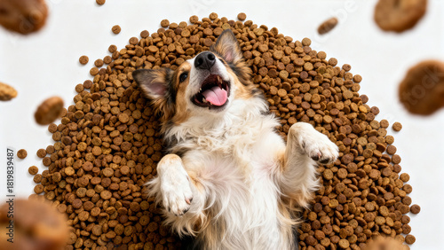 Dog lays on back surrounded by pet food, joyfully playing. Clean white background highlights playful atmosphere. Concept of pet care, animal nutrition, pet happiness