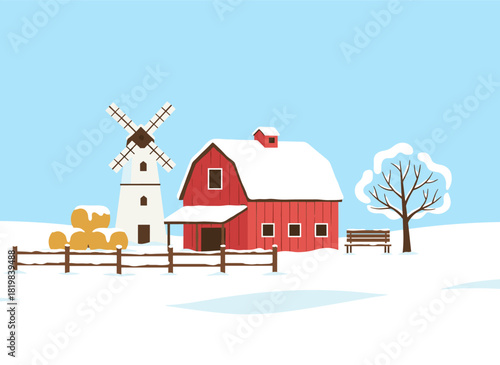 A winter farm scene featuring a hangar and shed, a barn with hay bales on snow, a rural shelter house with trees and a bench in cold snowy weather, depicted as a flat vector illustration on a white