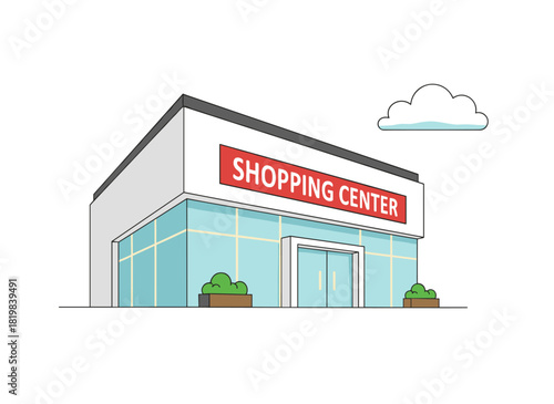 A contemporary minimalistic shopping center, mall, or outlet store featuring large windows and an awning, depicted as a flat illustration of commercial real estate