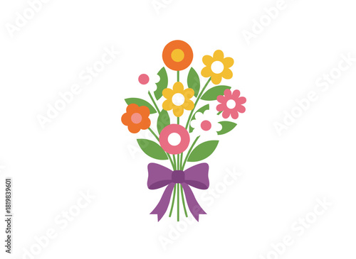 An illustrated bouquet of flowers, a floral gift featuring blooming buds and leaves wrapped in paper, serves as a festive, modern romantic decoration, presented as a colored flat vector illustration