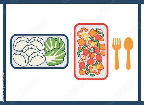 A flat vector illustration of fresh vegetarian meals in plastic lunch boxes, seen from above, set against a white background