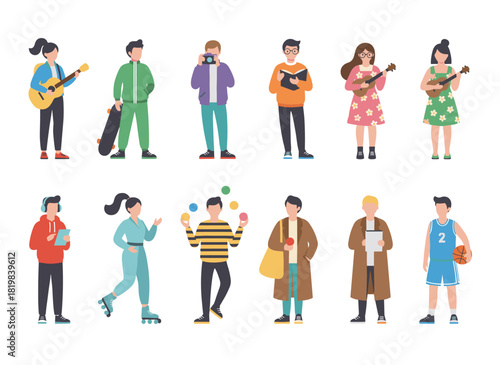 Illustration featuring a group of trendy teenage boys in fashionable attire against a white backdrop, depicted as cartoon characters holding a skateboard, fidget spinner, laptop, and guitar