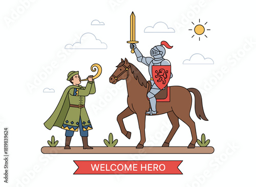 A flat vector illustration of a royal herald holding a trumpet and a knight on horseback, featuring medieval cartoon characters, a cavalier and an old-time messenger set against a white background