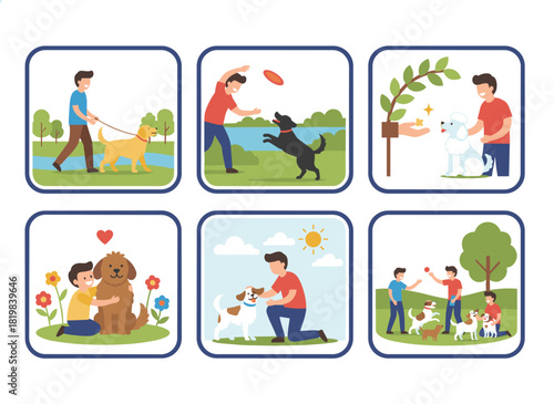 Illustrations featuring a woman and a man instructing domestic animals in a flat vector style, showcasing caring owners and pets playing together while executing commands against a white background