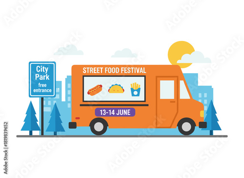 A street food festival concept illustrated by a poster featuring a vivid orange food truck and a colorful vector placard