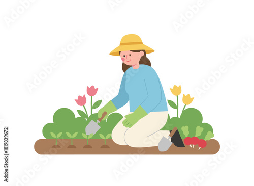 An African American woman smiles while harvesting vegetables in a flat vector illustration, showing a female farmer cultivating plants on a seedbed set against a white background, with an