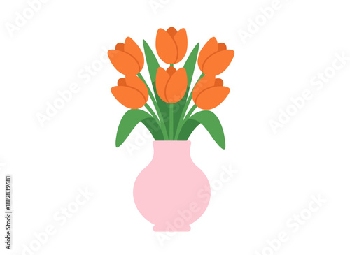 An elegant bouquet of freshly cut blossoms in a ceramic vase, showcasing vibrant garden blooms for a romantic spring home décor, rendered as a flat vector illustration on a white background