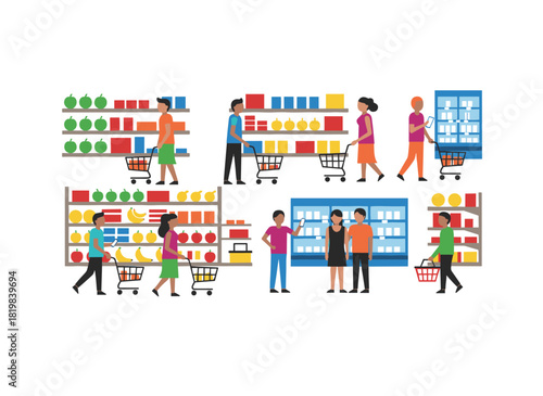 Illustration of shoppers in a supermarket, featuring characters with carts and baskets, selecting and purchasing food items in a hypermarket setting, rendered as a flat vector graphic