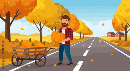 Autumn harvest: farmer with pumpkins along a scenic rural road during the fall season